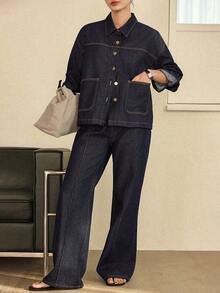 Dazy-Less Spring/Summer Romantic Design Loose Casual Commute Elegant Blue Shirt And Straight Leg Jeans Women 2-Piece Suit - Blue - View 6