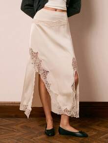 Easelle 女士撞色蕾丝开衩下摆优雅半身裙 - 杏色 - 查看 2