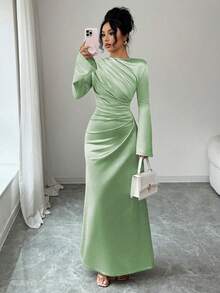 Rafferiza Elegantes figurbetontes Kleid mit vorderseitiger Raffung, Satin-Strick-Glockenärmel, hellrosa, geeignet für Partys oder den Alltag, Herbst/Winter - Minzgrün - Übersicht 7
