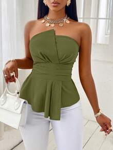 SOLERSUN Solid Ruched Asymmetrical Hem Tube Off Shoulder Top - Army Green - View 3