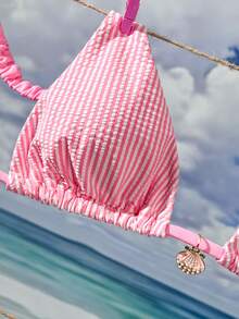 Swim Mod New Multicolor Striped Ruffled Adjustable Strap High Cut Seashell Pearl Decor Cute Romantic Beach Vacation Women Bikini Swimwear Set, Spring/Summer - Pink - View 6