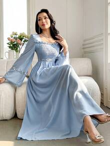 Yasmyna 女士方领插肩袖长款阿拉伯风格连衣裙 - 藍色 - 查看 5