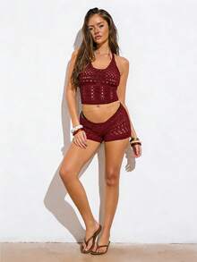 Avantive 's 2026 Retro-Elegant Openwork Knit Sweater,Burgundy Summer Boho Beach Vacation Vest-Style Swimsuit Cover-Up,Holiday Casual Resort Pool Party - Burgundy - View 6