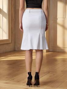 Selenza 女士高腰带口袋鱼尾下摆优雅牛仔裙 - 白色 - 查看 2