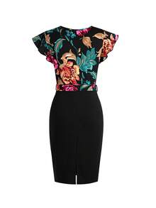 Ellevyn 女士印花V领短袖中长连衣裙，优雅假日装 - 彩色 - 查看 2