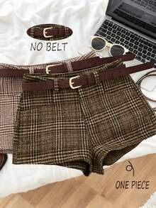 Franclia Retro Fashionable Versatile Plaid Woolen High Waist Slimming Casual Shorts For Women - Multicolor - View 1