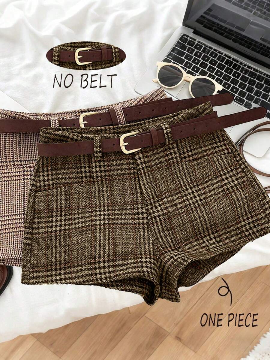 Franclia Retro Fashionable Versatile Plaid Woolen High Waist Slimming Casual Shorts For Women - Multicolor - View 1