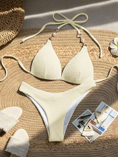 SHEIN Swim 女士纯色挂脖系带性感比基尼泳装套装，夏季沙滩