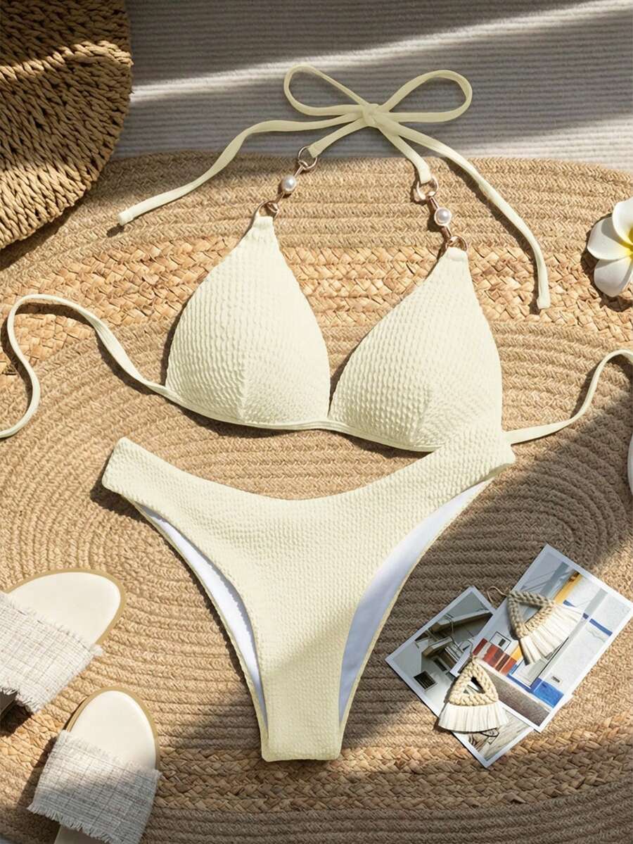 SHEIN Swim 女士纯色挂脖系带性感比基尼泳装套装，夏季沙滩 - 杏色 - 查看 1