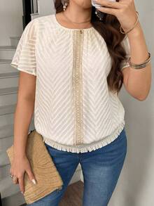 SHEIN LUNE Plus Size Contrast Trim Flowy Sleeve Shirt - Apricot - View 4