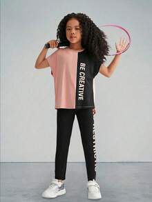 SHEIN Tween Girl Knitted Color Block Letter & Print Pattern Short Sleeve T-Shirt And Long Pants Sporty Outfit - Multicolor - View 7