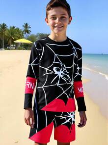 SHEIN GraphicGems Tween Boy Beach Vacation Spider & Letter Patchwork Print Raglan Long Sleeve Swimwear Set - Black - View 6