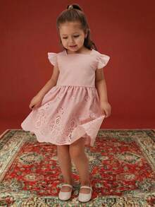 SUMWON Kleid mit Flatterärmeln und Lochstickerei, mit Lochstickerei und geschnittener Saum-Verzierung, für besondere Anlässe, Valentinstag, Casual und Urlaub - Pink - Übersicht 1