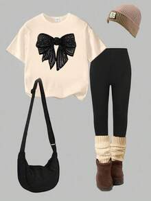 SHEIN Sparklyn 春夏休闲时尚创意个性清新别致简约亮黑色蝴蝶结装饰印花宽松T恤和打底裤套装，舒适日常穿着，适合春、夏、秋季少女穿着。 - 彩色 - 查看 7