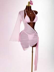 Amplova Women's 3 PiecesBeaded Swimwear Set Including Shoulder Strap Mesh Coverup, Sexy & Chic, Suitable For Vacation, Tie-Up Details - Pink - View 10
