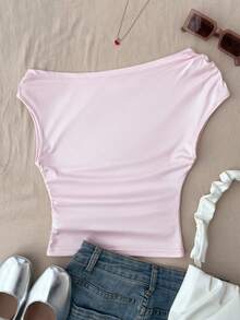 Teenager Mädchen Weißes gestricktes lässiges minimalistisches Blume Muster asymmetrisches gerüschtes Crop Top, geeignet für Frühling/Sommer, Lässig, personalisierter Stil, Alltagstragen - Pink - Übersicht 2