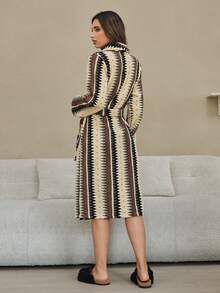 HautHeat Women's Autumn/Winter Patchwork Zigzag Pattern Shawl Neck Belted Teddy Fleece Robe - Khaki - View 2