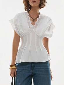 Poéselle 白色镂空披肩袖衬衫 - 荷叶边束腰泡泡袖上衣，浪漫夏日风情，纯色简约收腰上衣，日常穿着，节日庆典，波西米亚风，法式风格衬衫 - 白色 - 查看 2