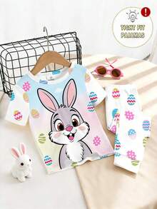 一套女婴复活节兔子和彩蛋印花针织弹力圆领上衣和紧身印花长裤睡衣套装，春夏款，复活节儿童礼物 - 白色 - 查看 3