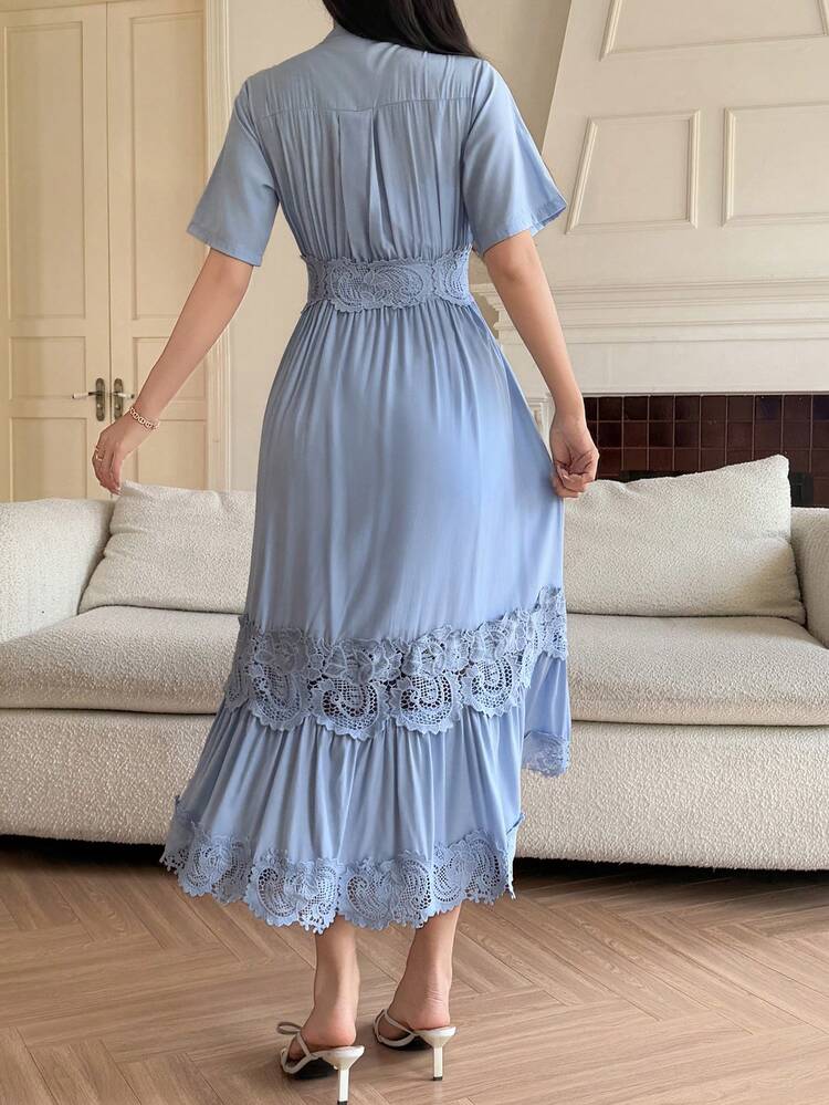 Women's Elegant Lace Patchwork Mandarin Collar Midi Dress, Summer Wedding Guest Dress Sundress