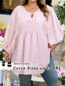 SHEIN CURVE+ Curve 尺码 US22 音乐节、海滨度假、波西米亚风 CURVE PLUS / / 女士系带领灯笼袖条纹爱心印花荷叶边下摆宽松衬衫 - 彩色 - 查看 1