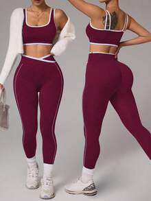Slayform Bộ đồ thể thao nữ không đường may, co giãn cao gồm áo croptop và quần legging. - Màu Đỏ Sâu - Xem 2