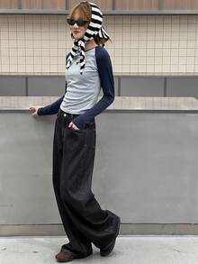 DAZY 青少年女孩休闲宽松斜插口袋牛仔裤 - 黑色 - 查看 4