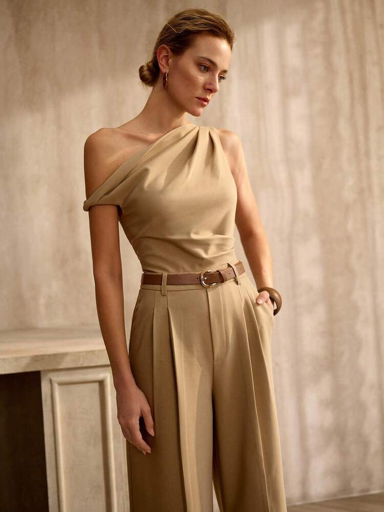 ASYMMETRICAL SHOULDER JUMPSUIT WITH BELT, VINTAGE STYLE, SPRING/SUMMER