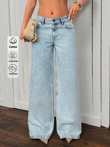 Low Waist Casual Style Light Blue Snow Wash Regular Fit Button Front Wideleg Jean - Light Wash - View 4