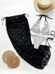 Swim Chiccia Conjunto de biquíni feminino de 3 peças, sexy, com renda, bolinhas, preto e branco, ideal para férias e para um look de praia elegante. Perfeito para o verão, ideal para convidadas de casamento no jardim. Roupa elegante para mulheres, perfeita para festas de Ano Novo, da cidade à praia, estilo boho, coleção primavera/verão 2026. - Preto e Branco - Ver 8