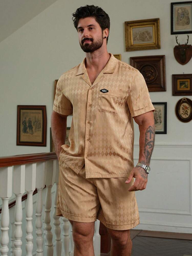 Summer Textured Fabric Gold Logo Short Sleeve Shirt & Shorts Men's Pajama Set