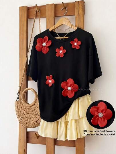 SHEIN Franclia Daily Wear, Versatile For Work, Casual, Short-Sleeved, Red, Three-Dimensional Flowers, Loose Fit, Black Contrast Color, Women's Spring/Summer Top, T-Shirt, Casual Wear, Vacation Wear, Beach Wear, Floral Top, Black Top. 3d Flower Top Summer Casual Tops