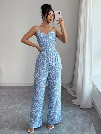 Elenzga Women's Casual Beach Vacation Sleeveless Ruffle Waist Floral Jumpsuit, Elegant Pleated Waist Jumpsuit, Spring/Summer, Suitable For Vacation, Beach, Home, Daily Wear