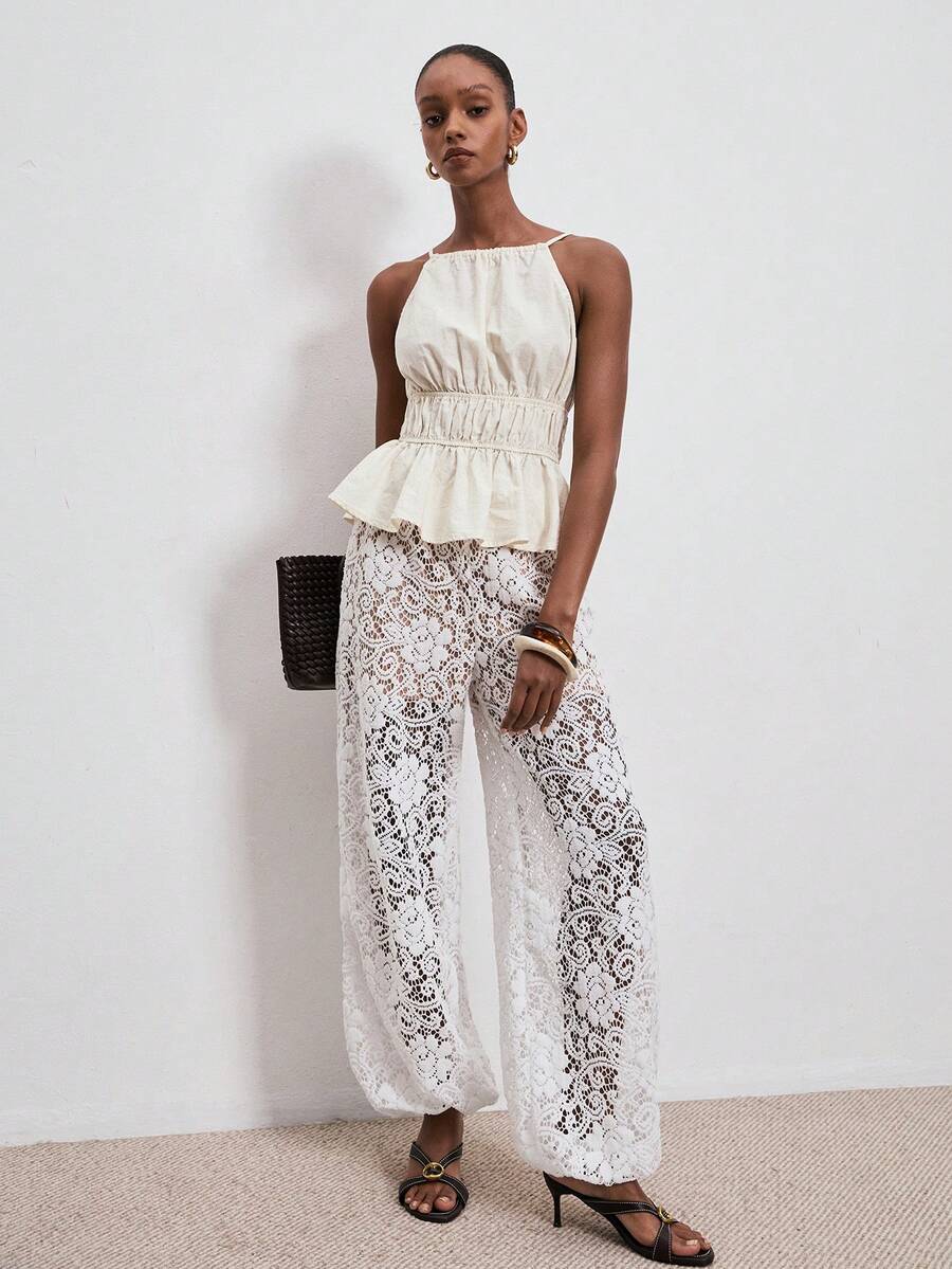 ATUI Studio Elegant Lace Semi-Sheer Women's Long Pants, Summer - White - View 1