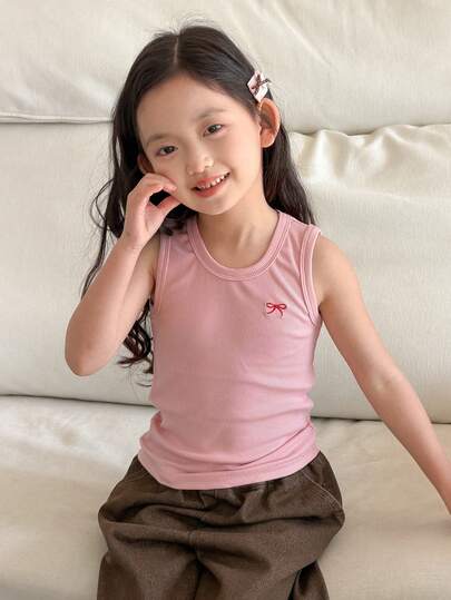 Dazy Kids Young Girls Round Neck Fitted Bow Embroidered 3-Color Tank Top