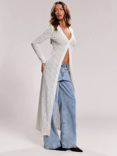 SHEIN ICON Women's Floral Lace Long Sleeve Single-Breasted Thin Jacket