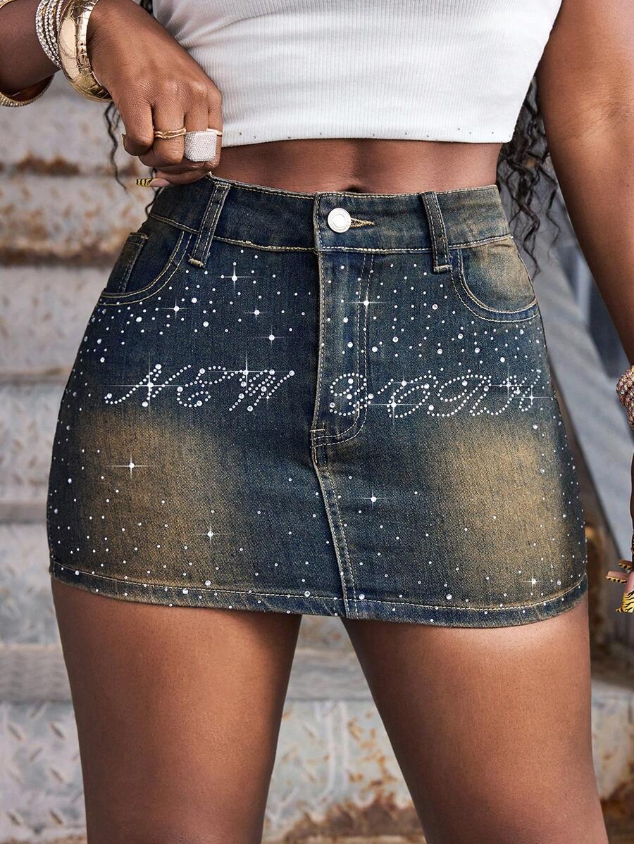 SHEIN BAE Spring/Summer Women's Letter Rhinestone Pocket Bodycon Denim Mini Skirt - Blue - View 1