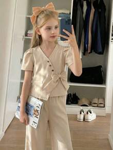 SHEIN 2pcs/Set Girls' Puff Sleeve Top With Oblique Button And Pleated Hem, Paired With Straight Leg Wide Pants Suit - Khaki - View 3
