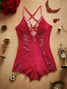 Women's Mesh Embroidery Cami Romper - Burgundy - View 6