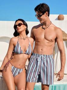 Manfinity VDAYZ Men's Drawstring Waist Striped Casual Beach Shorts Matching Couple Swimwear Couple Bathing Suit Set Boyfriend And Girlfriend Matching Swimsuits Print Stripe Swimwear Matching Couple Swimsuits Couple Bathing Suit Set His And Hers Swimsuits Couple Beachwear Men Swim Trunks Couple Men And Women Matching Swimwear Striped Swimwear Couples Matching Swimwear His And Hers Swim Wear - Multicolor - View 5