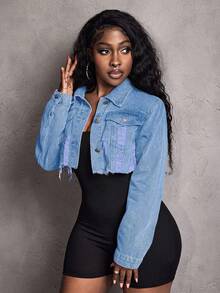 Slaydiva Áo khoác denim nữ dáng ngắn, phong cách thường ngày, bạc màu và rách rưới. - Màu xanh lam - Xem 5