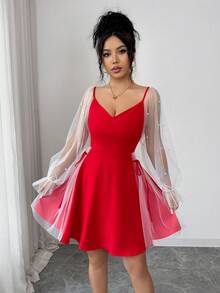 Rafferiza Women's V-Neck Lantern Sleeve Beaded Mesh Patchwork Cinched Waist Elegant Mini Dress - Red - View 7