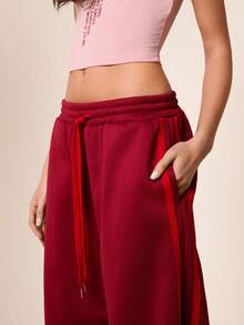 Easelle Quần ống rộng nữ màu trơn, có dây rút, kiểu dáng thoải mái và đa năng, phù hợp cho đi làm, viền đỏ tương phản, hoàn hảo cho trang phục thường ngày mùa xuân và mùa hè. Thích hợp cho ngày Valentine. - Đỏ - Xem 6