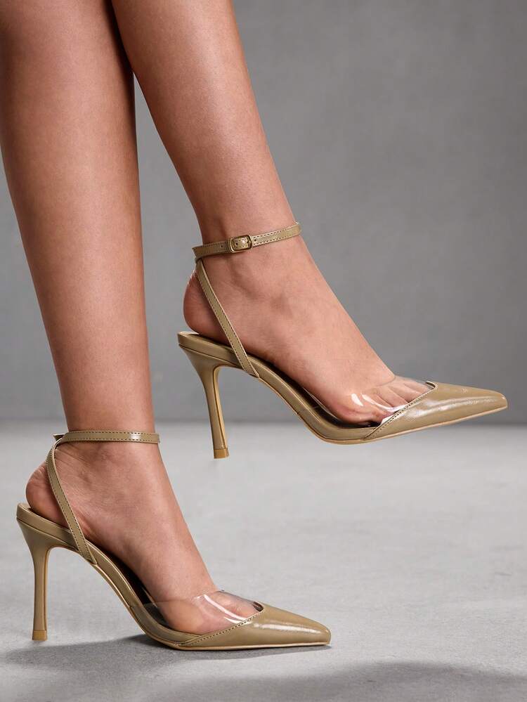 CUCCOO SZL Black Satin Twill & Mesh Patchwork Fashion Sexy Elegant Wedding Season Pointed Toe Strap High Heel Pumps Valentine's Day