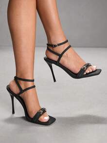CUCCOO SZL Sandales à talons fins à bout carré noir pour femmes, chaussures à talons hauts avec décoration de boucle en métal, polyvalentes pour le trajet - Noir - Voir 5