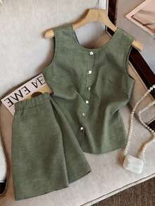 GlowEve Women Sleeveless Round Neck Vest & Shorts 2 Pieces Set - Army Green - View 1