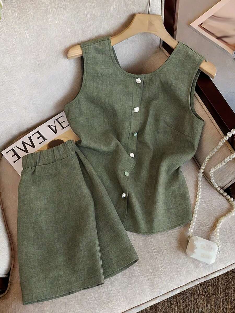 GlowEve Women Sleeveless Round Neck Vest & Shorts 2 Pieces Set - Army Green - View 1