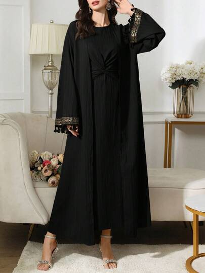 Al Najma Women's Loose Splice Tassel Cuff Abaya Dress With Waist Twist, Conservative Outfit