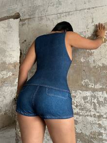 Sunspun 2件套牛仔数码印花针织弹力紧身性感吊带背心和迷你短裤 - 藍色 - 查看 2