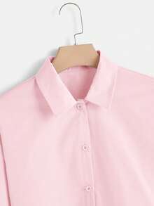 SHEIN EZwear Áo sơ mi dài tay nữ màu trơn cài cúc phía trước kiểu dáng thường ngày - Hồng - Xem 4